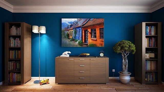 Blue soundproof wall with decor